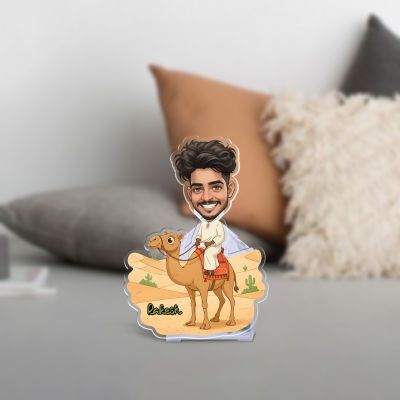 Personalized Caricature Bobblehead with Camel Desert Theme, Custom Cartoon Character Face Cutout & Name | Battery Powered Moving Head Decoration Items for Home & Car Dashboard